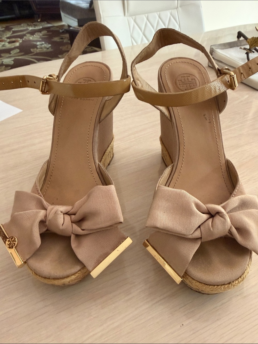 Tory Burch Neutral Bow Espadrille Slingback Wedges with Gold Trim